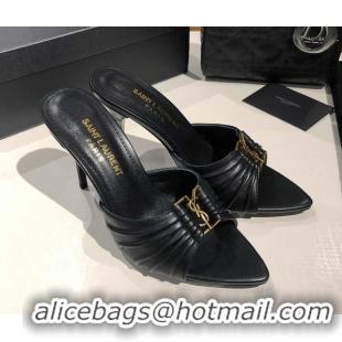 Grade Quality Saint Laurent Babylone Heel Slides Sandal 10.5cm in Calf Leather with Framed YSL Black 0424009
