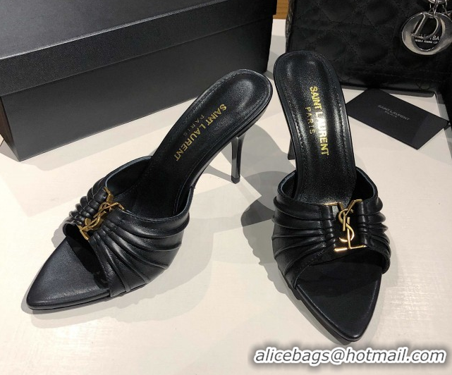 Grade Quality Saint Laurent Babylone Heel Slides Sandal 10.5cm in Calf Leather with Framed YSL Black 0424009