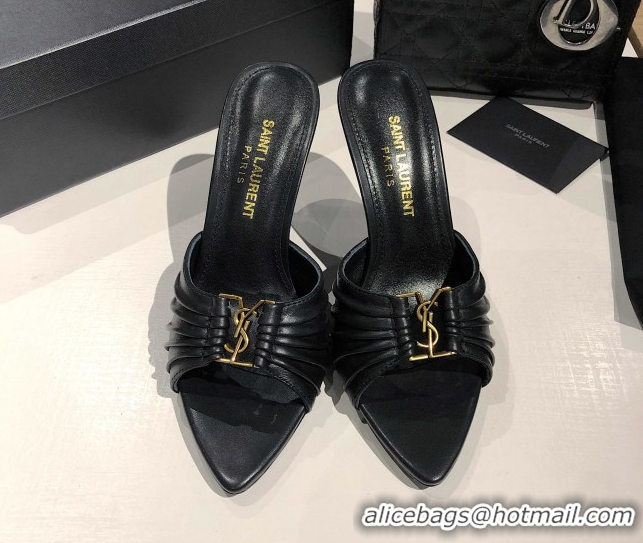 Grade Quality Saint Laurent Babylone Heel Slides Sandal 10.5cm in Calf Leather with Framed YSL Black 0424009