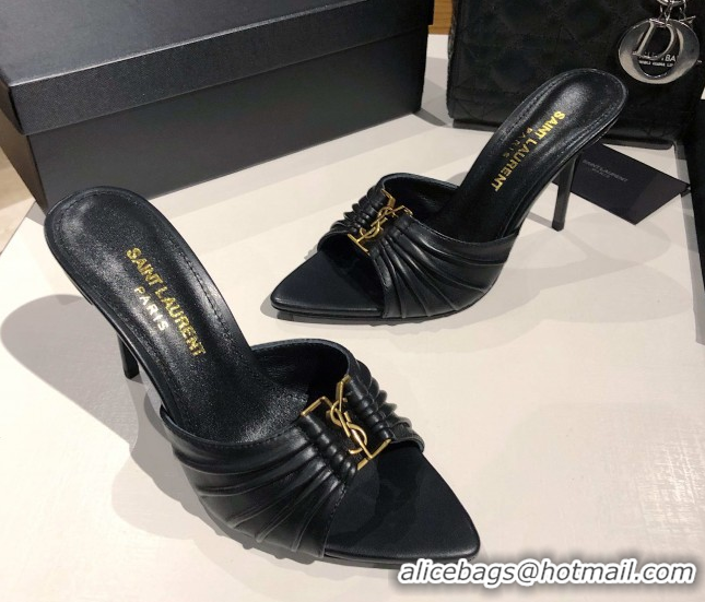 Grade Quality Saint Laurent Babylone Heel Slides Sandal 10.5cm in Calf Leather with Framed YSL Black 0424009