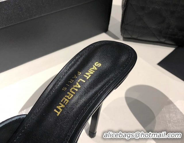 Grade Quality Saint Laurent Babylone Heel Slides Sandal 10.5cm in Calf Leather with Framed YSL Black 0424009