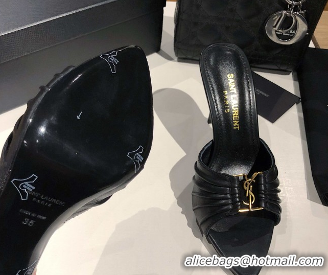 Grade Quality Saint Laurent Babylone Heel Slides Sandal 10.5cm in Calf Leather with Framed YSL Black 0424009