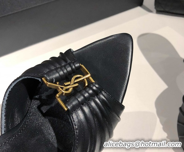 Grade Quality Saint Laurent Babylone Heel Slides Sandal 10.5cm in Calf Leather with Framed YSL Black 0424009