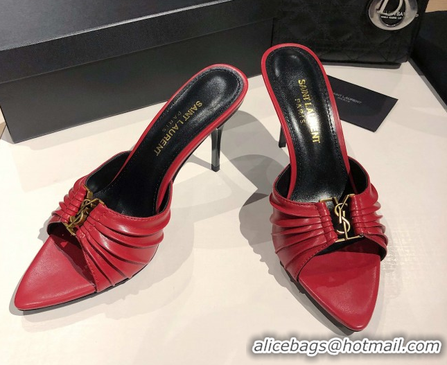 Most Popular Saint Laurent Babylone Heel Slides Sandal 10.5cm in Calf Leather with Framed YSL Red 0424010