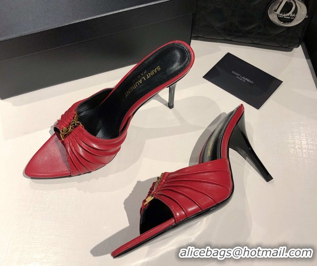 Most Popular Saint Laurent Babylone Heel Slides Sandal 10.5cm in Calf Leather with Framed YSL Red 0424010