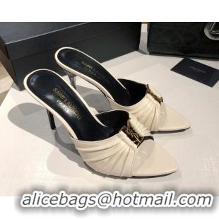 Durable Saint Laurent Babylone Heel Slides Sandal 10.5cm in Calf Leather with Framed YSL Cream White 0424011