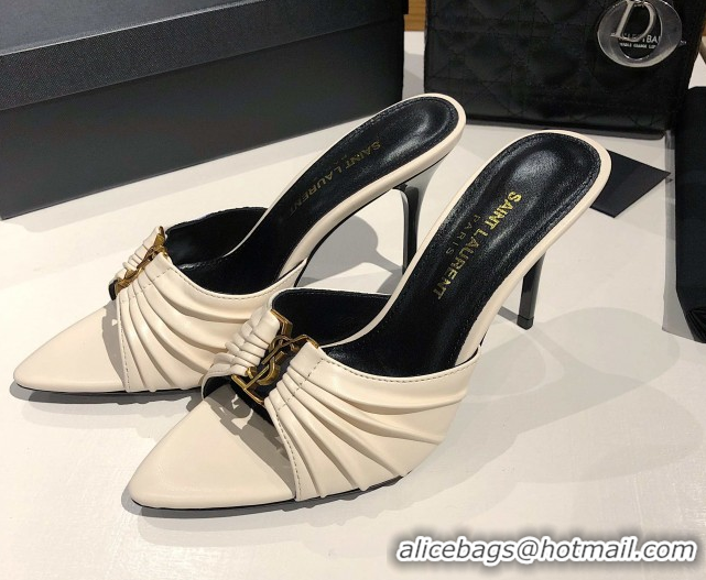 Durable Saint Laurent Babylone Heel Slides Sandal 10.5cm in Calf Leather with Framed YSL Cream White 0424011