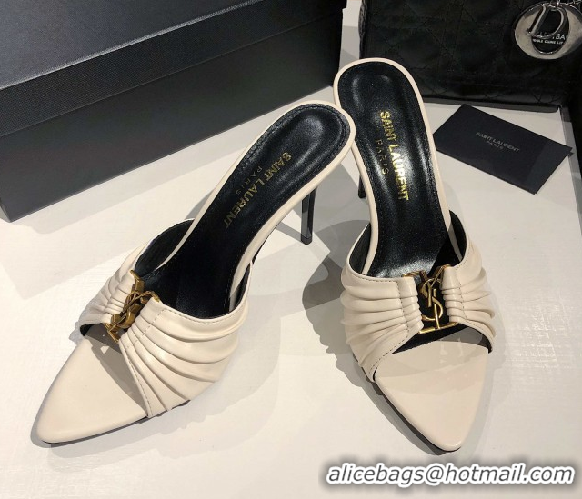 Durable Saint Laurent Babylone Heel Slides Sandal 10.5cm in Calf Leather with Framed YSL Cream White 0424011