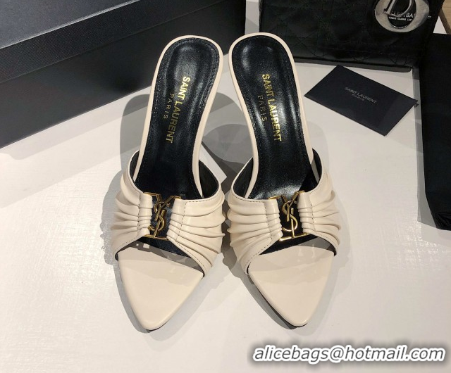 Durable Saint Laurent Babylone Heel Slides Sandal 10.5cm in Calf Leather with Framed YSL Cream White 0424011