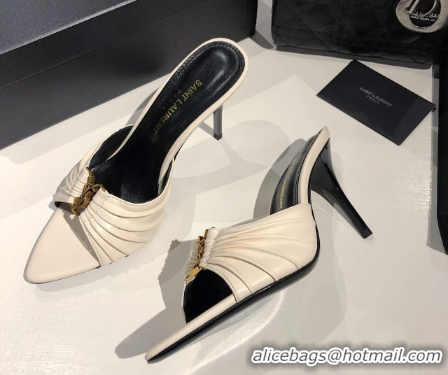 Durable Saint Laurent Babylone Heel Slides Sandal 10.5cm in Calf Leather with Framed YSL Cream White 0424011