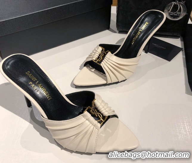 Durable Saint Laurent Babylone Heel Slides Sandal 10.5cm in Calf Leather with Framed YSL Cream White 0424011