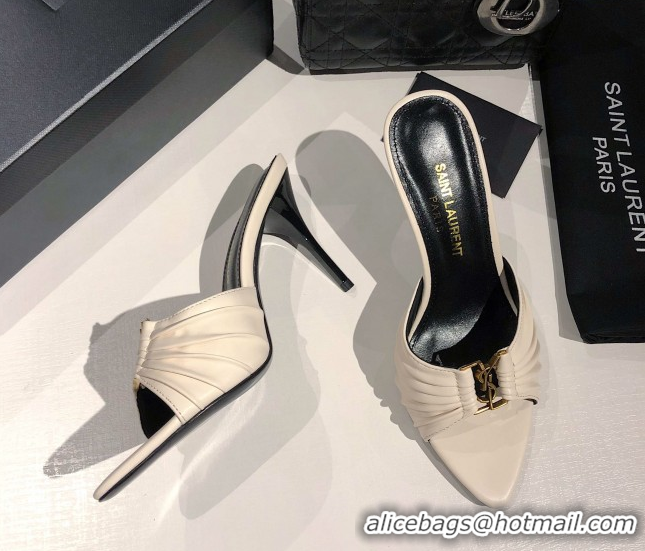 Durable Saint Laurent Babylone Heel Slides Sandal 10.5cm in Calf Leather with Framed YSL Cream White 0424011