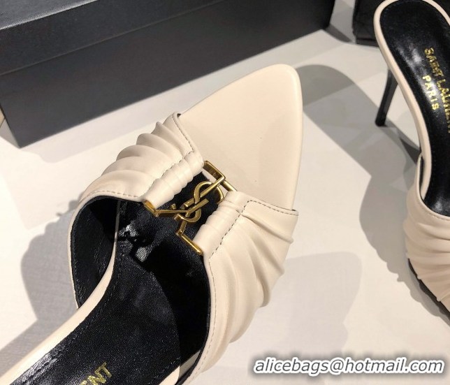Durable Saint Laurent Babylone Heel Slides Sandal 10.5cm in Calf Leather with Framed YSL Cream White 0424011