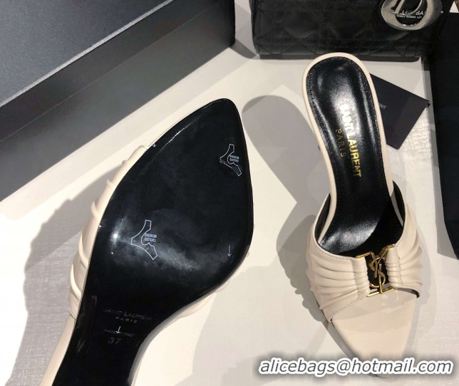 Durable Saint Laurent Babylone Heel Slides Sandal 10.5cm in Calf Leather with Framed YSL Cream White 0424011