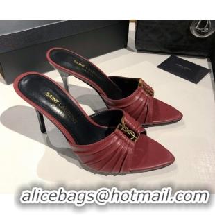 Best Product Saint Laurent Babylone Heel Slides Sandal 10.5cm in Calf Leather with Framed YSL Burgundy 0424012