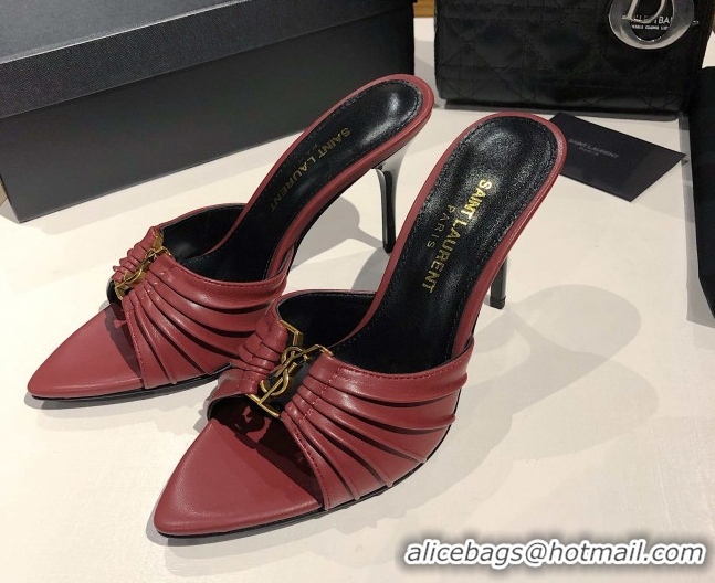 Best Product Saint Laurent Babylone Heel Slides Sandal 10.5cm in Calf Leather with Framed YSL Burgundy 0424012