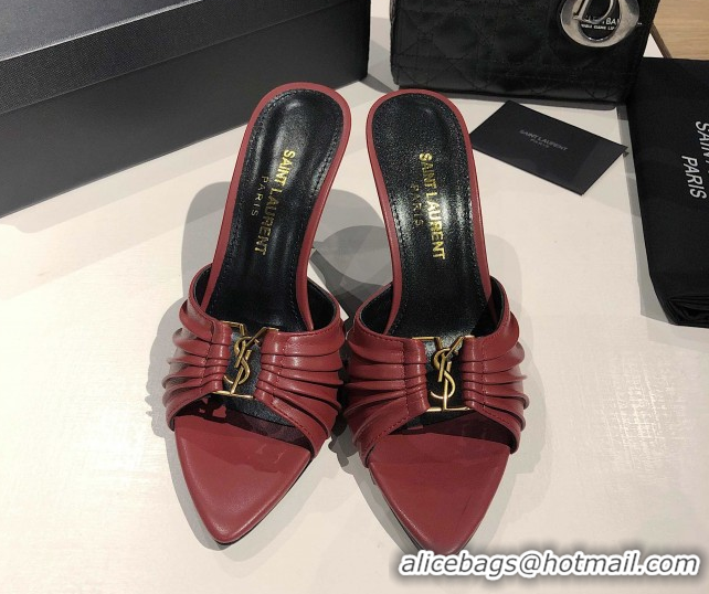 Best Product Saint Laurent Babylone Heel Slides Sandal 10.5cm in Calf Leather with Framed YSL Burgundy 0424012