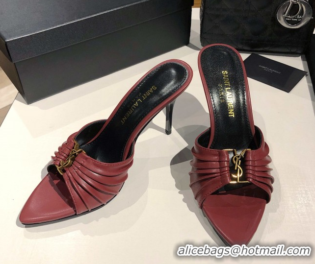 Best Product Saint Laurent Babylone Heel Slides Sandal 10.5cm in Calf Leather with Framed YSL Burgundy 0424012