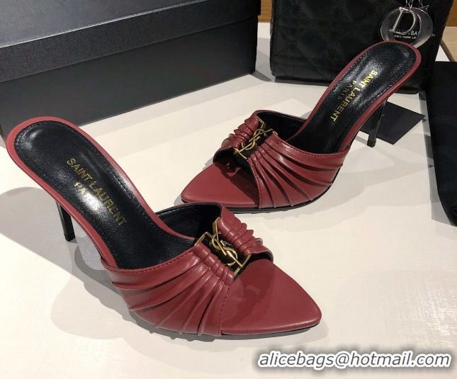 Best Product Saint Laurent Babylone Heel Slides Sandal 10.5cm in Calf Leather with Framed YSL Burgundy 0424012