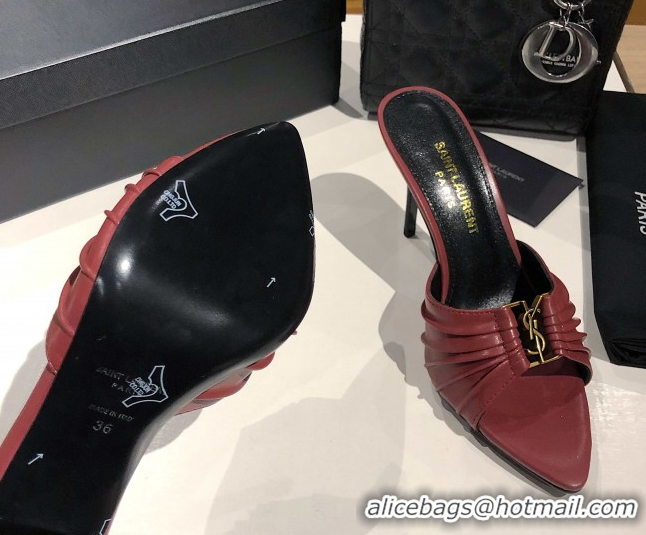 Best Product Saint Laurent Babylone Heel Slides Sandal 10.5cm in Calf Leather with Framed YSL Burgundy 0424012