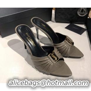 Popular Style Saint Laurent Babylone Heel Slides Sandal 10.5cm in Calf Leather with Framed YSL Grey 0424013