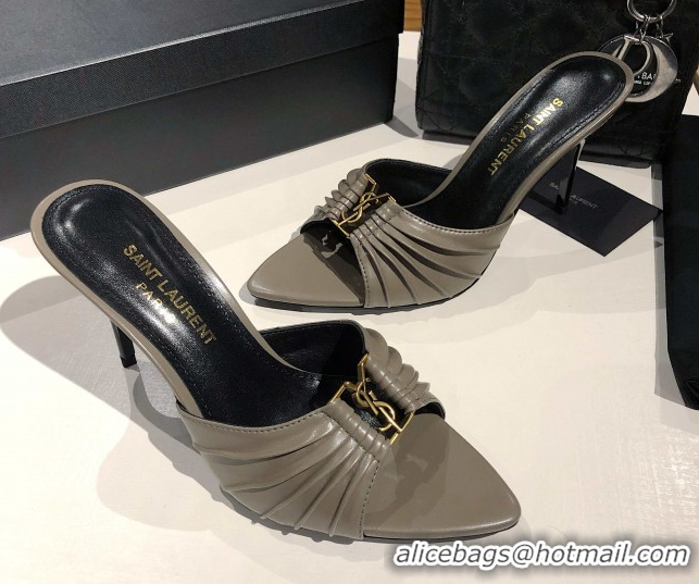 Popular Style Saint Laurent Babylone Heel Slides Sandal 10.5cm in Calf Leather with Framed YSL Grey 0424013