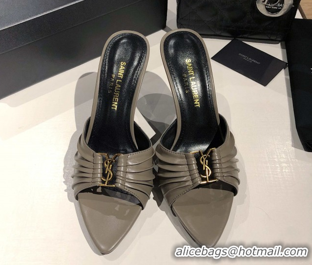 Popular Style Saint Laurent Babylone Heel Slides Sandal 10.5cm in Calf Leather with Framed YSL Grey 0424013