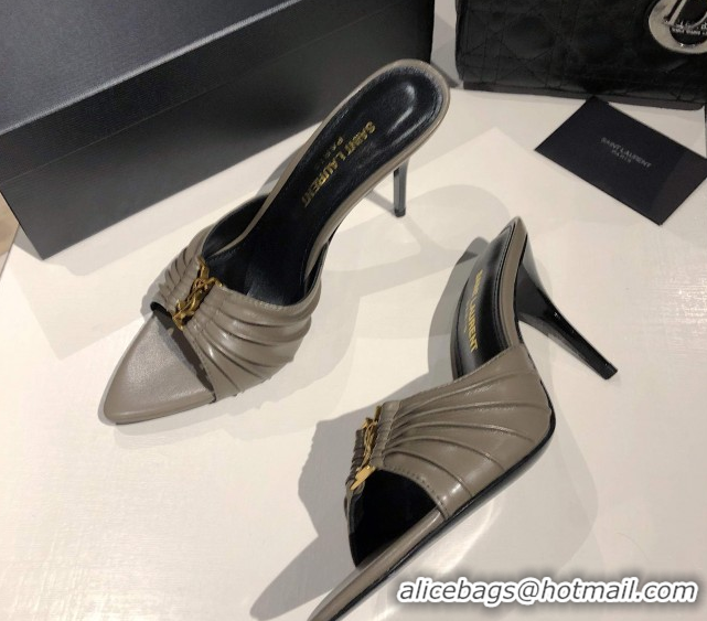Popular Style Saint Laurent Babylone Heel Slides Sandal 10.5cm in Calf Leather with Framed YSL Grey 0424013