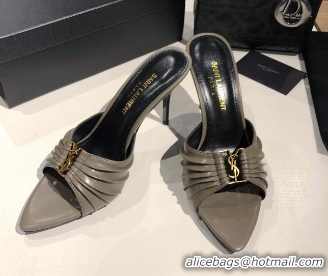 Popular Style Saint Laurent Babylone Heel Slides Sandal 10.5cm in Calf Leather with Framed YSL Grey 0424013