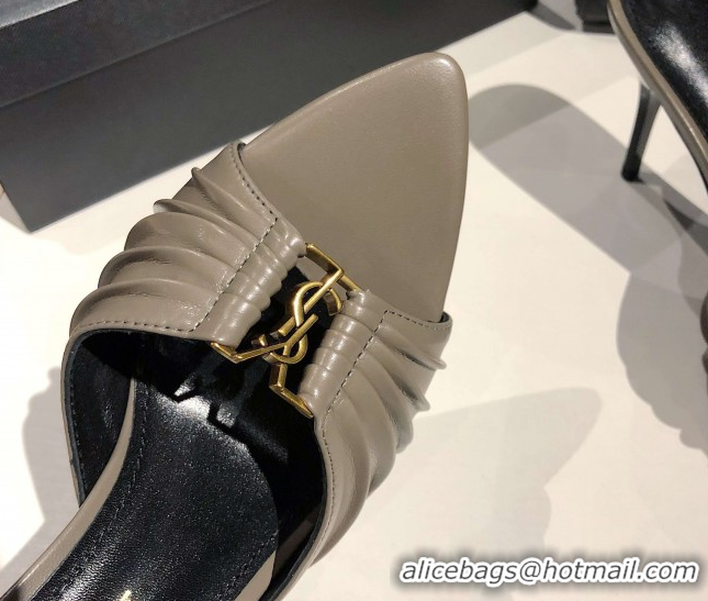 Popular Style Saint Laurent Babylone Heel Slides Sandal 10.5cm in Calf Leather with Framed YSL Grey 0424013