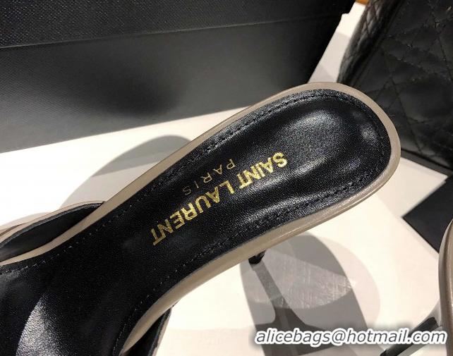 Popular Style Saint Laurent Babylone Heel Slides Sandal 10.5cm in Calf Leather with Framed YSL Grey 0424013