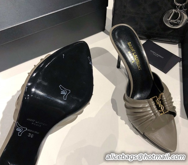 Popular Style Saint Laurent Babylone Heel Slides Sandal 10.5cm in Calf Leather with Framed YSL Grey 0424013