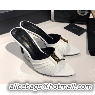 Charming Saint Laurent Babylone Heel Slides Sandal 10.5cm in Calf Leather with Framed YSL Optic White 0424014