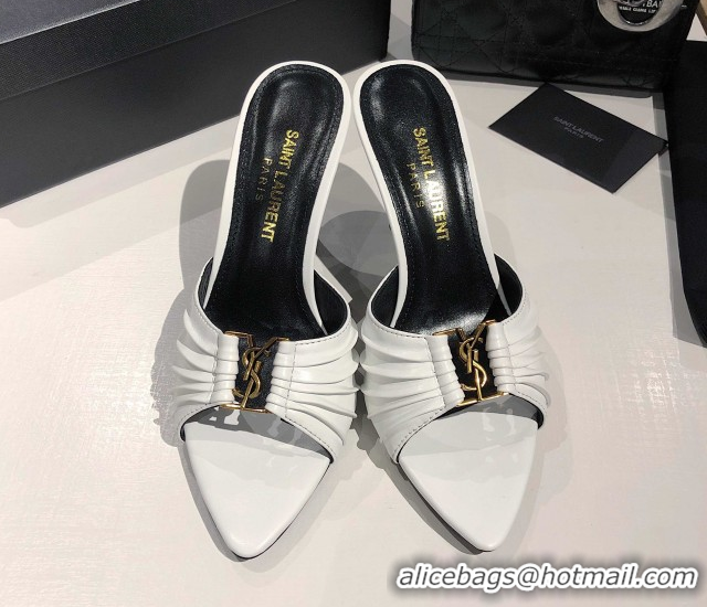 Charming Saint Laurent Babylone Heel Slides Sandal 10.5cm in Calf Leather with Framed YSL Optic White 0424014