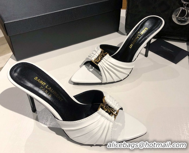 Charming Saint Laurent Babylone Heel Slides Sandal 10.5cm in Calf Leather with Framed YSL Optic White 0424014