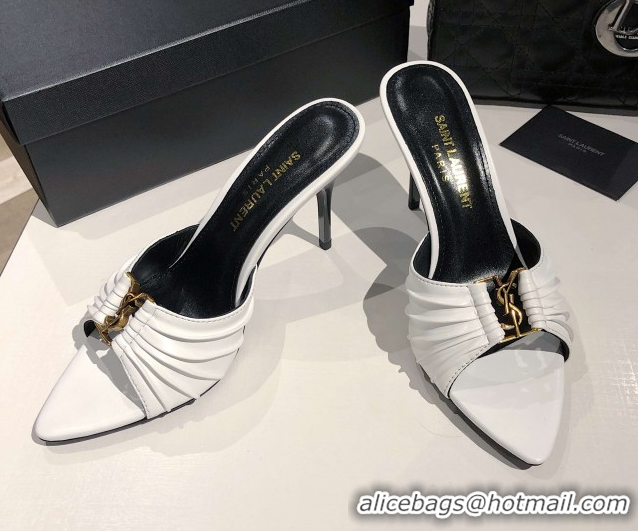 Charming Saint Laurent Babylone Heel Slides Sandal 10.5cm in Calf Leather with Framed YSL Optic White 0424014