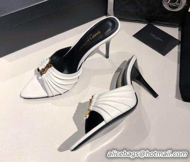 Charming Saint Laurent Babylone Heel Slides Sandal 10.5cm in Calf Leather with Framed YSL Optic White 0424014