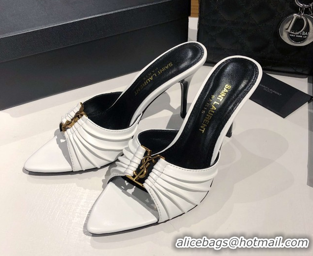 Charming Saint Laurent Babylone Heel Slides Sandal 10.5cm in Calf Leather with Framed YSL Optic White 0424014