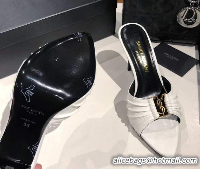 Charming Saint Laurent Babylone Heel Slides Sandal 10.5cm in Calf Leather with Framed YSL Optic White 0424014