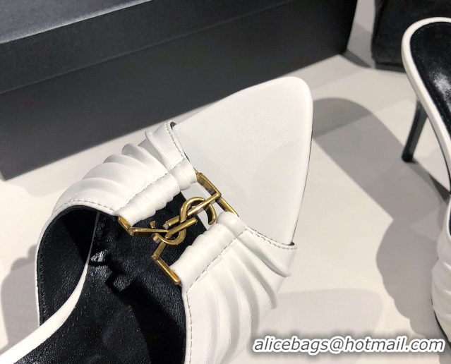 Charming Saint Laurent Babylone Heel Slides Sandal 10.5cm in Calf Leather with Framed YSL Optic White 0424014