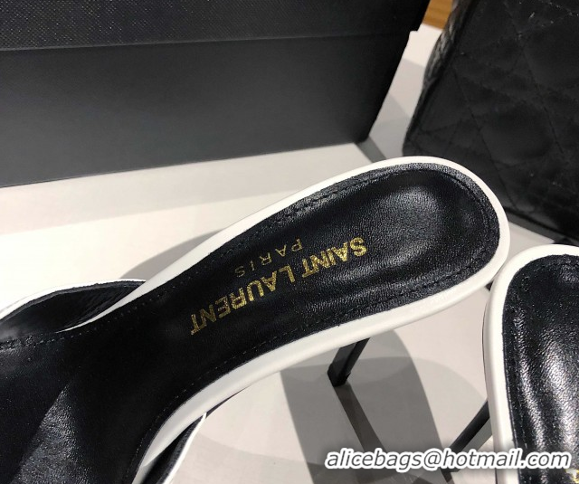 Charming Saint Laurent Babylone Heel Slides Sandal 10.5cm in Calf Leather with Framed YSL Optic White 0424014