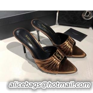 Top Grade Saint Laurent Babylone Heel Slides Sandal 10.5cm in Calf Leather with Framed YSL Bronze 0424020