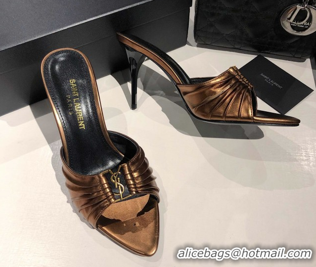 Top Grade Saint Laurent Babylone Heel Slides Sandal 10.5cm in Calf Leather with Framed YSL Bronze 0424020