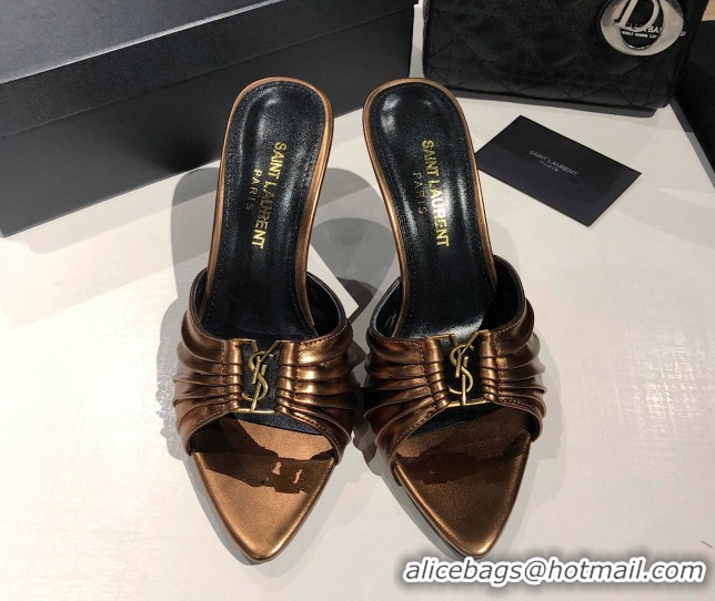 Top Grade Saint Laurent Babylone Heel Slides Sandal 10.5cm in Calf Leather with Framed YSL Bronze 0424020