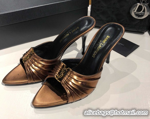 Top Grade Saint Laurent Babylone Heel Slides Sandal 10.5cm in Calf Leather with Framed YSL Bronze 0424020