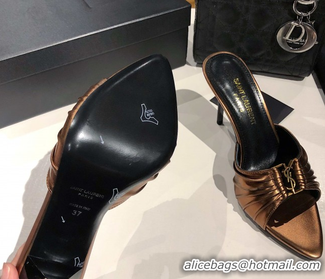 Top Grade Saint Laurent Babylone Heel Slides Sandal 10.5cm in Calf Leather with Framed YSL Bronze 0424020