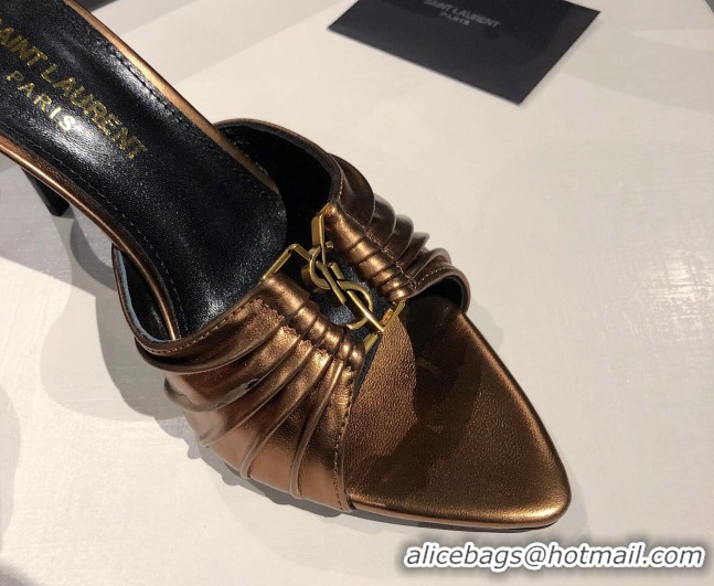 Top Grade Saint Laurent Babylone Heel Slides Sandal 10.5cm in Calf Leather with Framed YSL Bronze 0424020