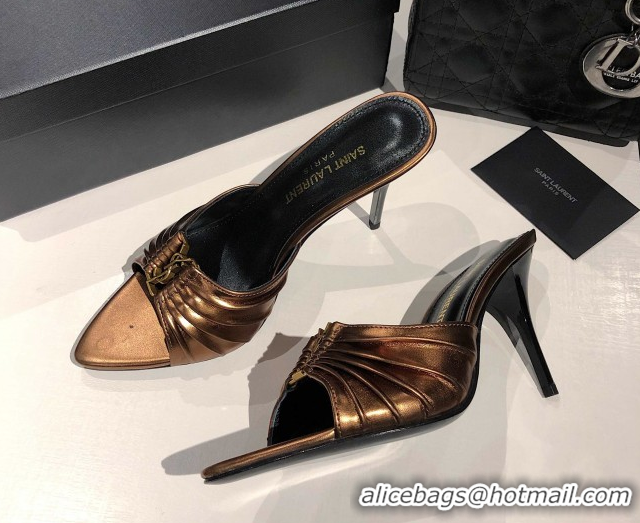 Top Grade Saint Laurent Babylone Heel Slides Sandal 10.5cm in Calf Leather with Framed YSL Bronze 0424020