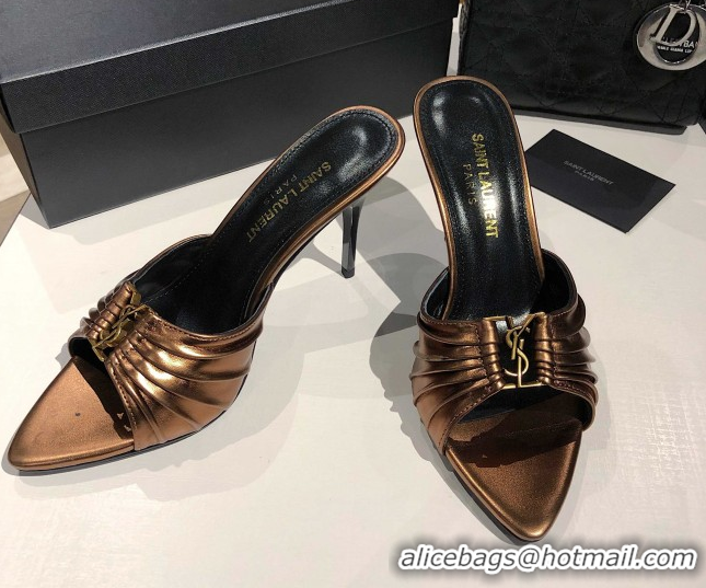 Top Grade Saint Laurent Babylone Heel Slides Sandal 10.5cm in Calf Leather with Framed YSL Bronze 0424020