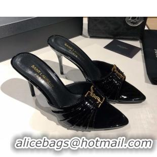 Luxury Cheap Saint Laurent Babylone Heel Slides Sandal 10.5cm in Patent Leather with Framed YSL Black 0424015